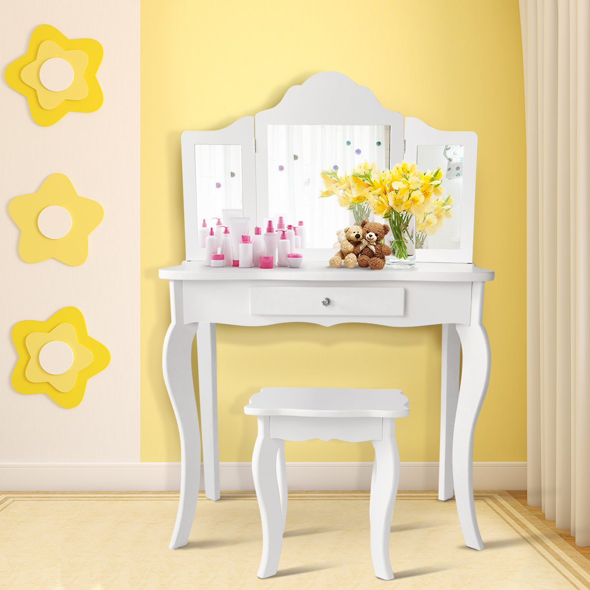 Kids Dressing Table Set with Stool & Mirror for Children Ages 3-7