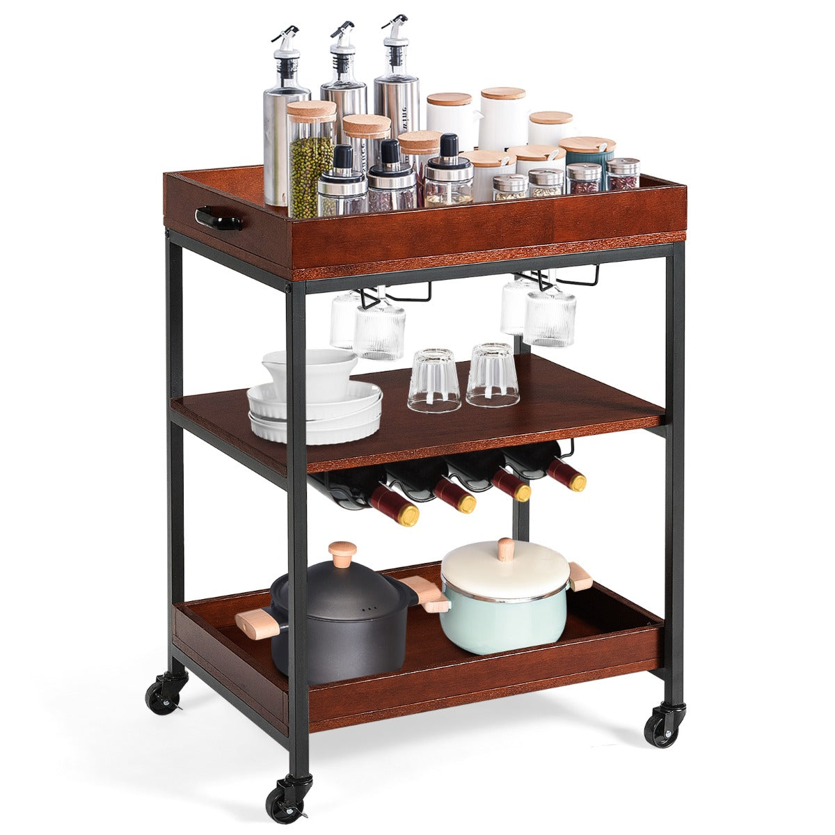 3-Tier Kitchen Island Cart with Wine Rack & Glass Holders & Handle