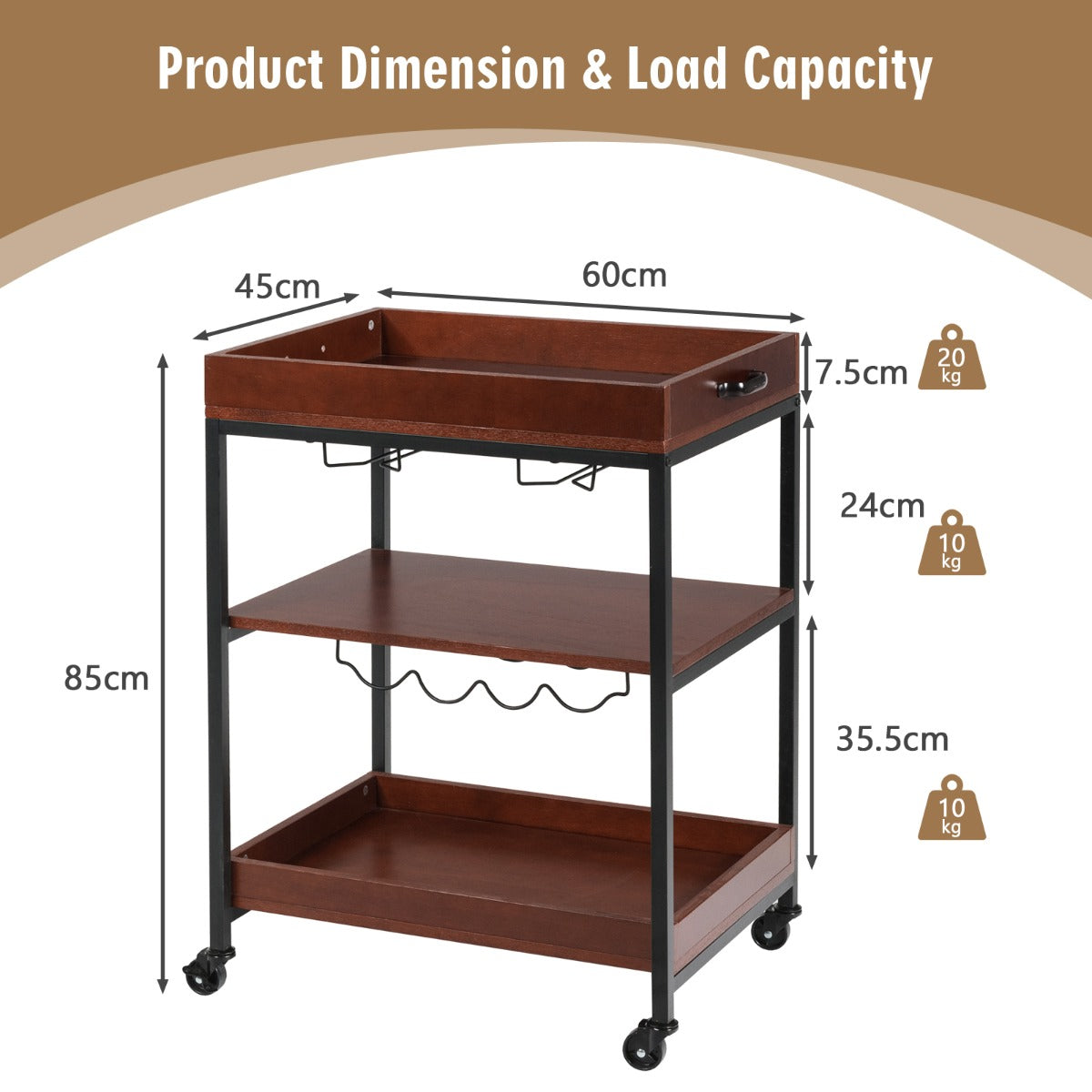 3-Tier Kitchen Island Cart with Wine Rack & Glass Holders & Handle