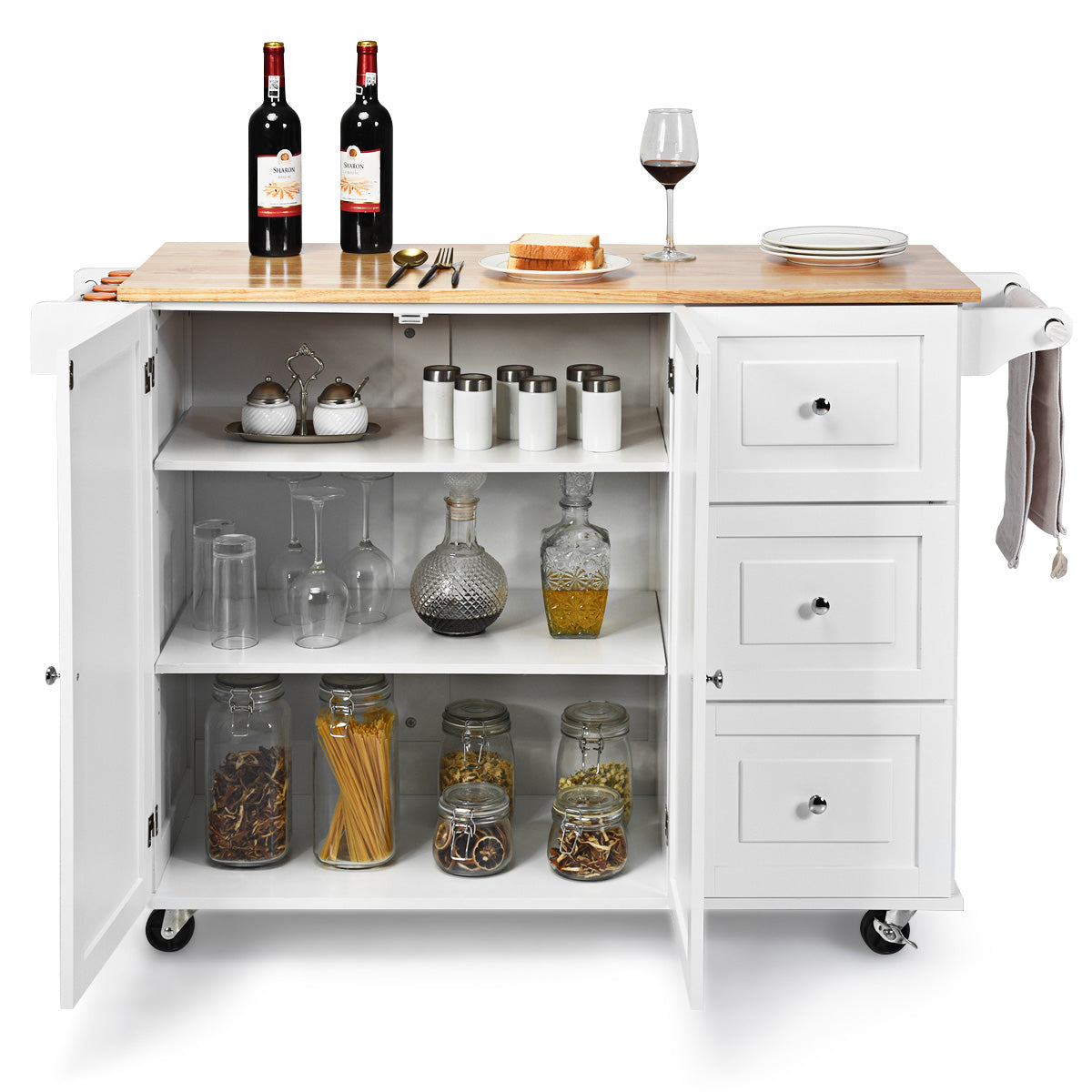 Kitchen Island Trolley with 3 Drawers and Adjustable Shelves