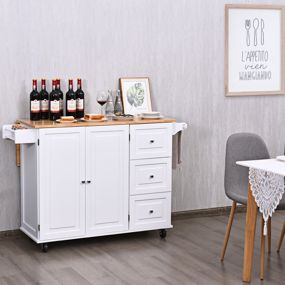 Kitchen Island Trolley with 3 Drawers and Adjustable Shelves