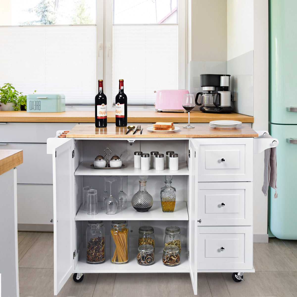 Kitchen Island Trolley with 3 Drawers and Adjustable Shelves