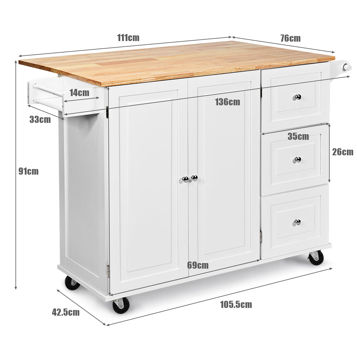 Kitchen Island Trolley with 3 Drawers and Adjustable Shelves