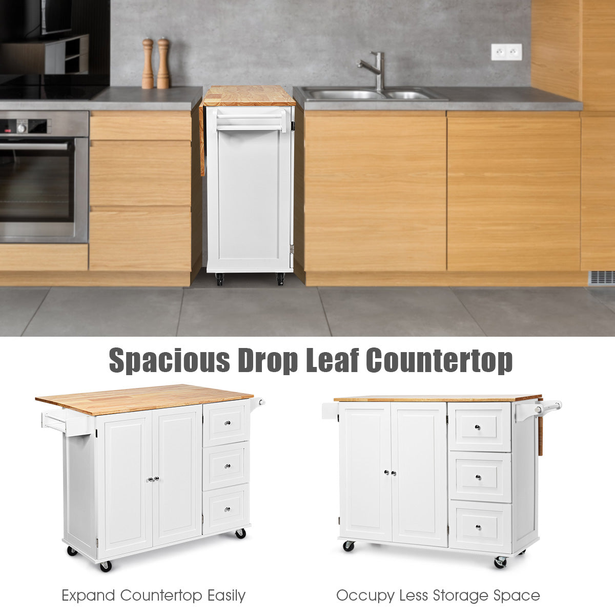 Kitchen Island Trolley with 3 Drawers and Adjustable Shelves