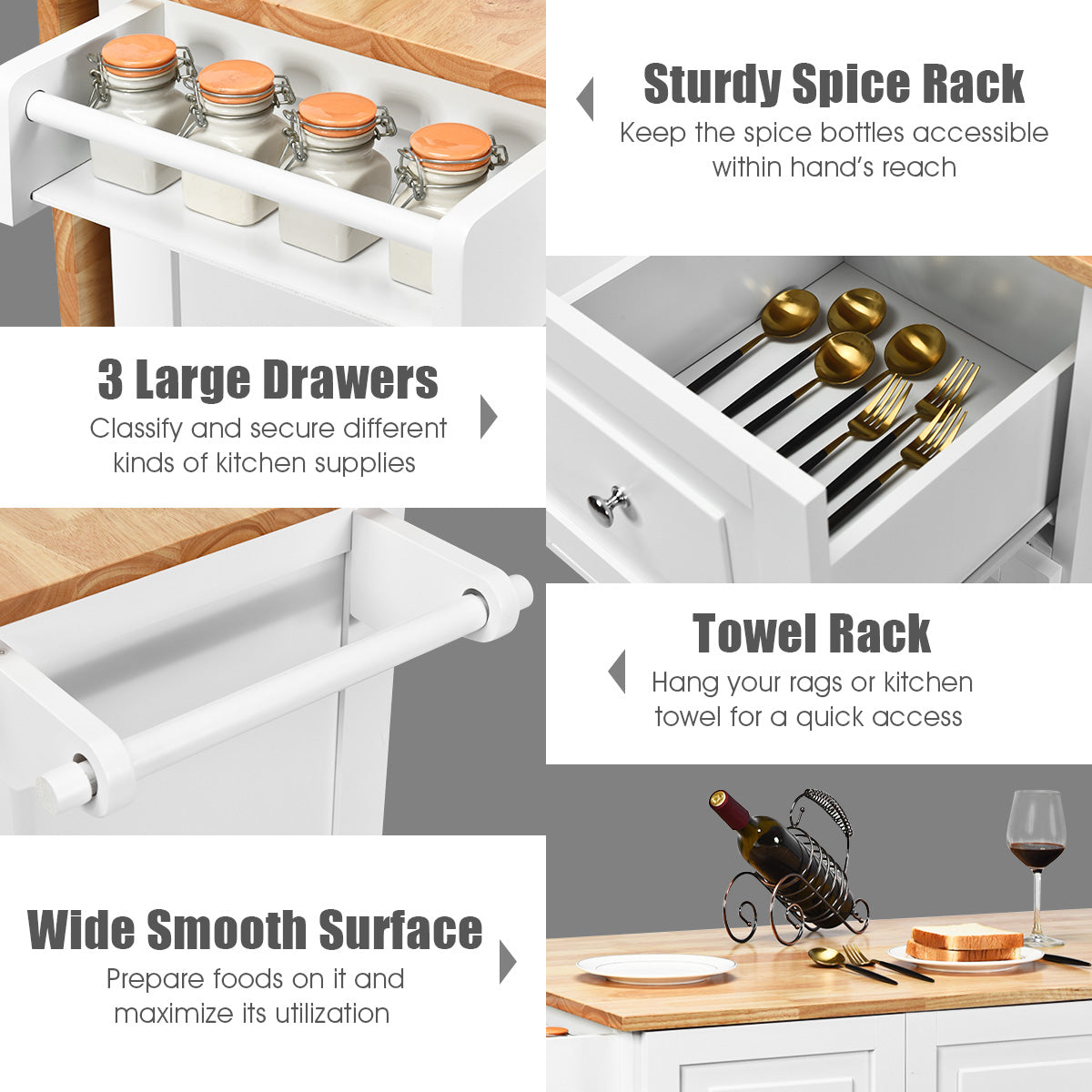 Kitchen Island Trolley with 3 Drawers and Adjustable Shelves