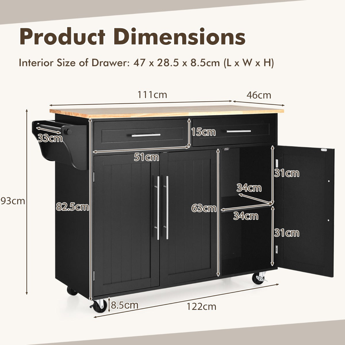 Rolling Storage Trolley with 2 Deep Drawers for Kitchen