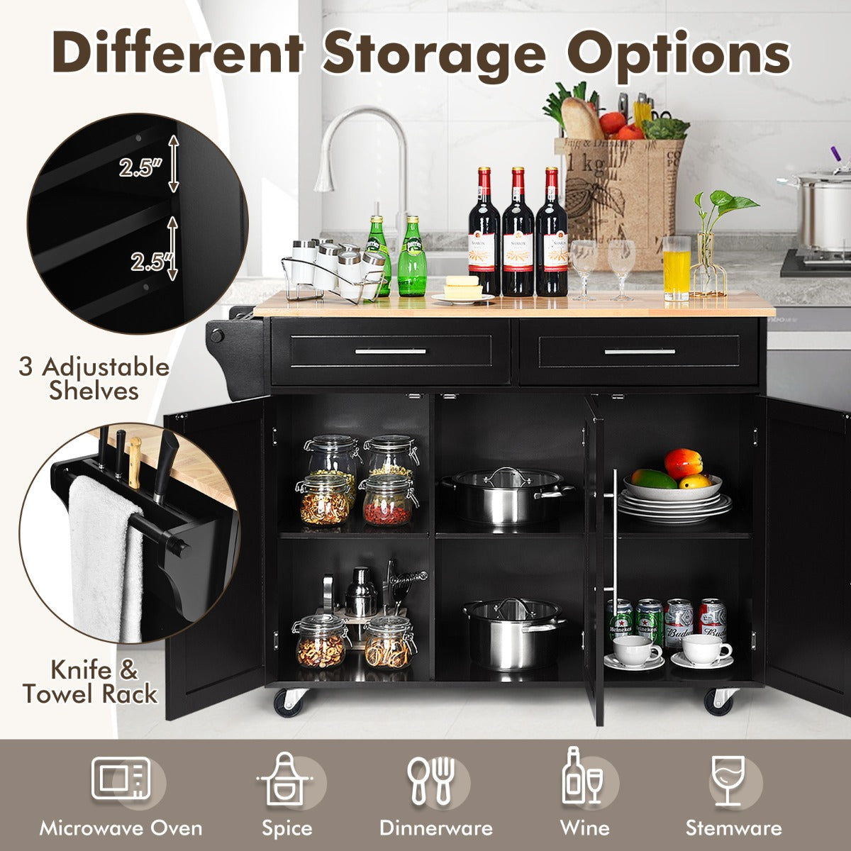Rolling Storage Trolley with 2 Deep Drawers for Kitchen