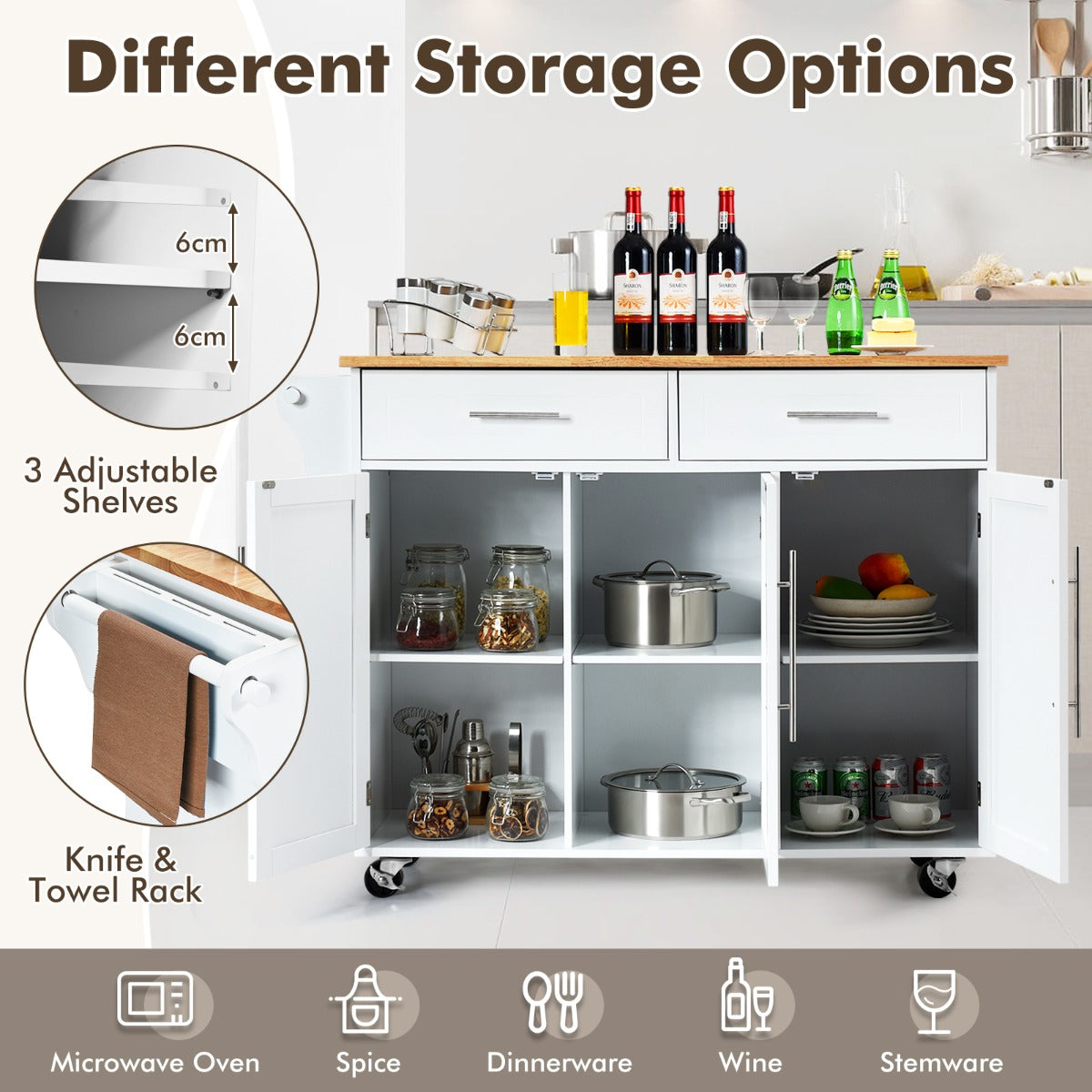 Rolling Storage Trolley with 2 Deep Drawers for Kitchen
