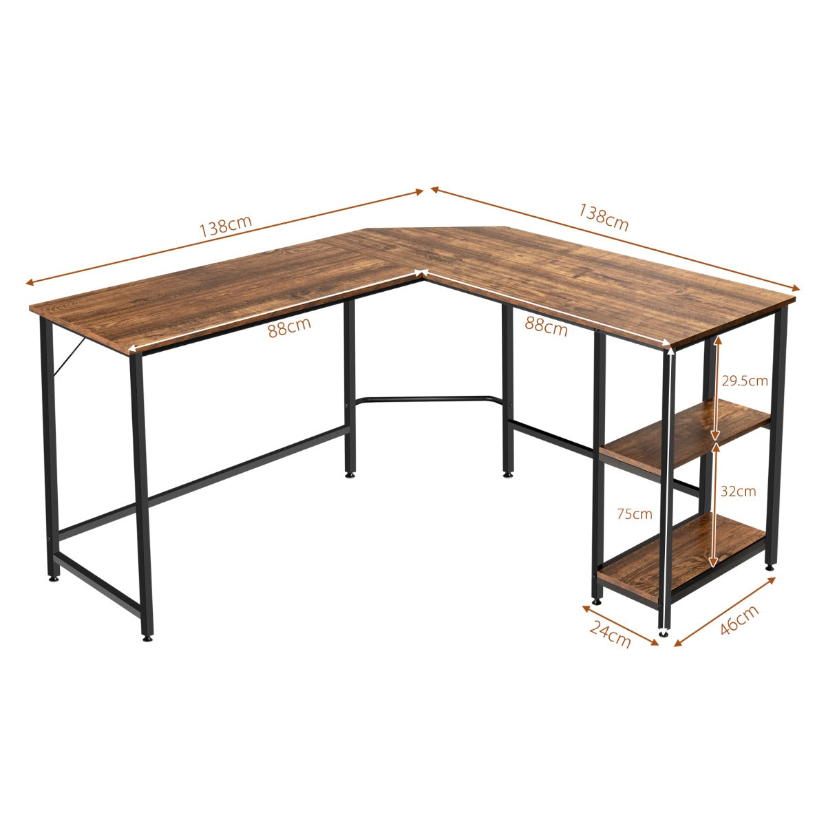 L-Shaped Desk with 2-Tier Storage Shelf for Home
