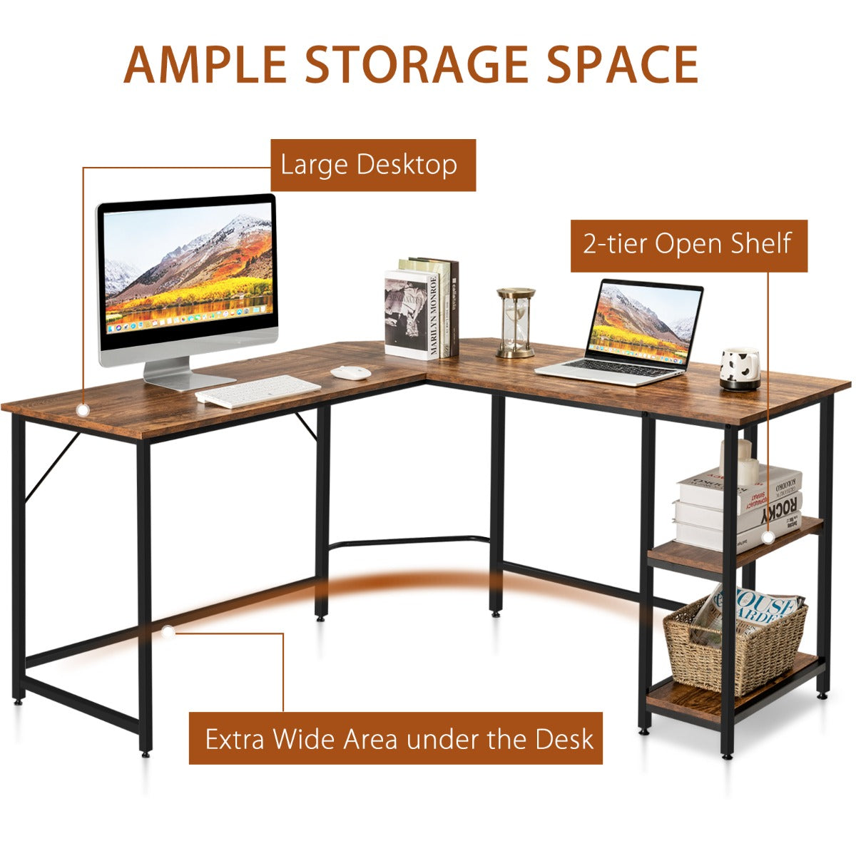 L-Shaped Desk with 2-Tier Storage Shelf for Home
