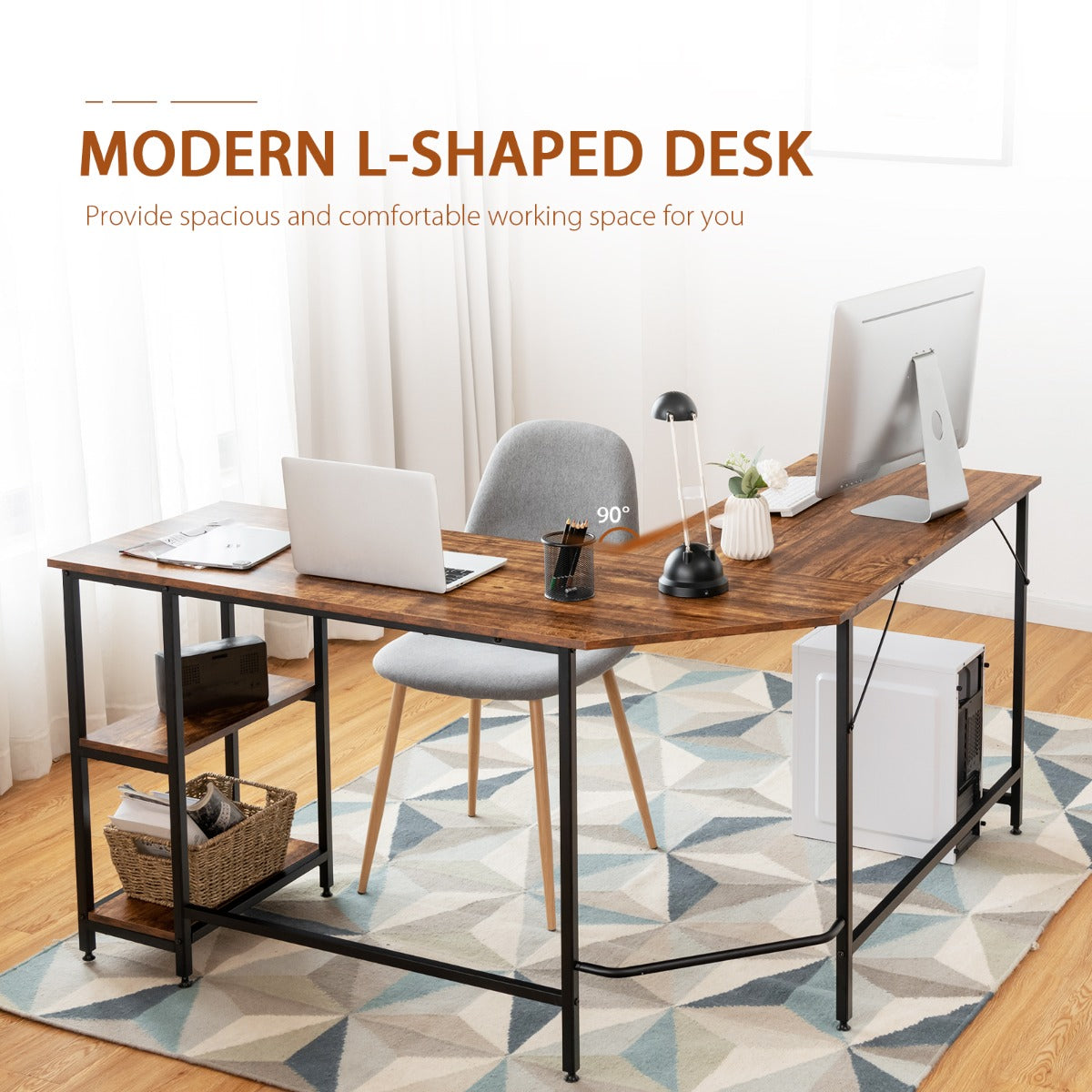 L-Shaped Desk with 2-Tier Storage Shelf for Home