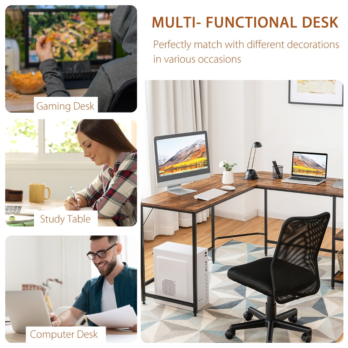 L-Shaped Desk with 2-Tier Storage Shelf for Home