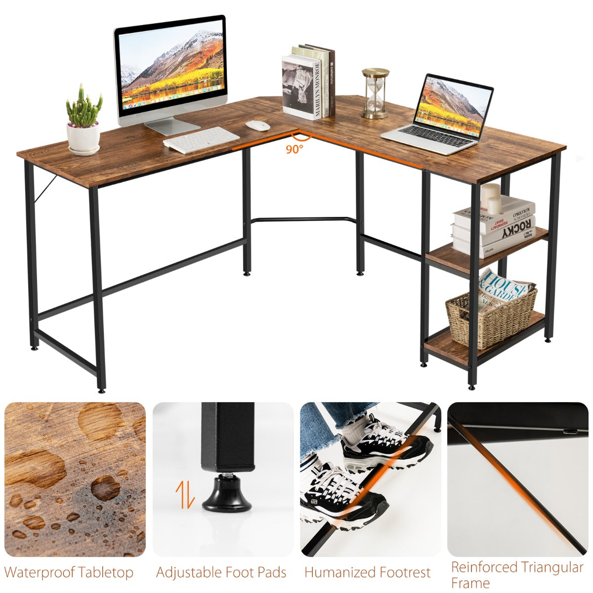 L-Shaped Desk with 2-Tier Storage Shelf for Home