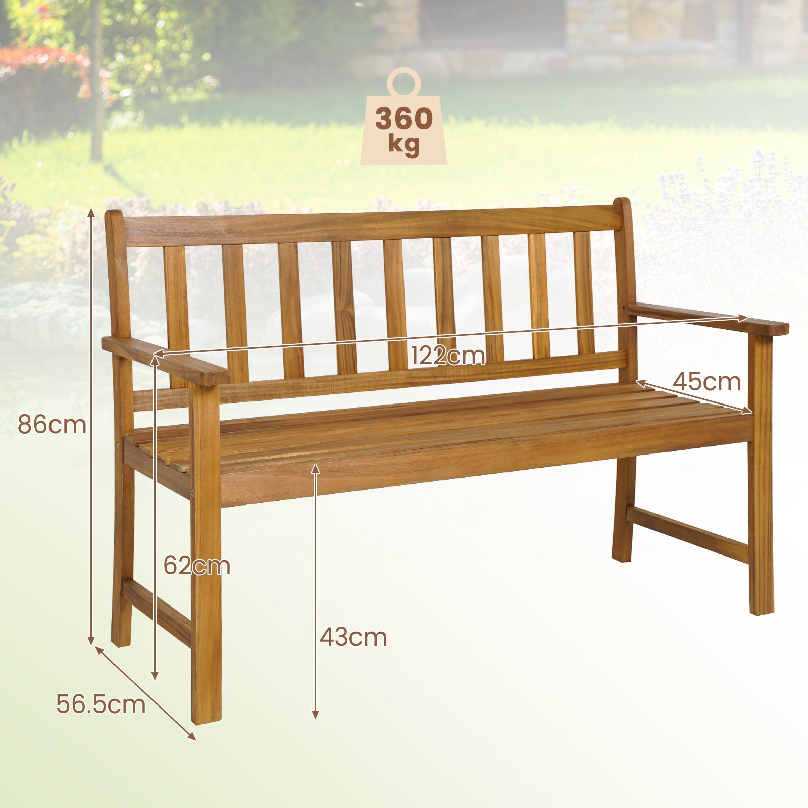 Patio Acacia Wood Bench 2-Person Slatted Seat Backrest 360 kg Outdoor Natural