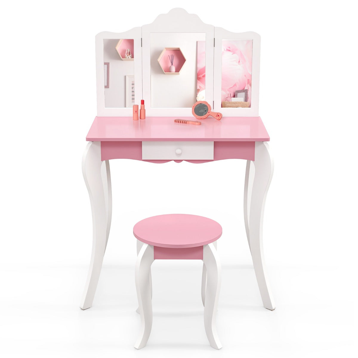 Kids Vanity Set with Tri-folding Acrylic Mirror TOP 20 Bonus Trinkets Set