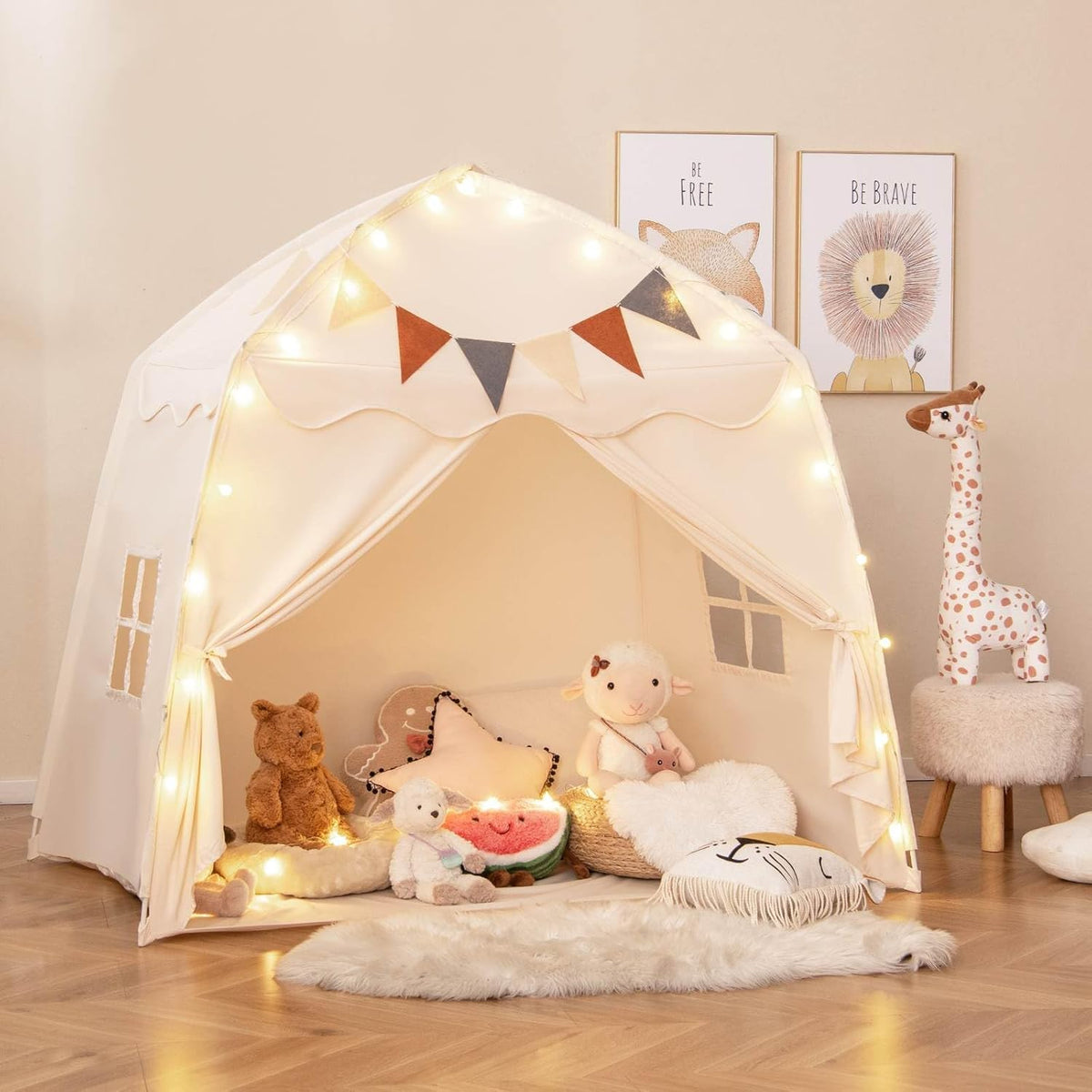 Large Kids Tent, Indoor Outdoor Dome Tent Playhouse w/Bright Lights, Flags, 2 Doors, 2 Windows, Machine Washable Teepee Tent for Toddlers