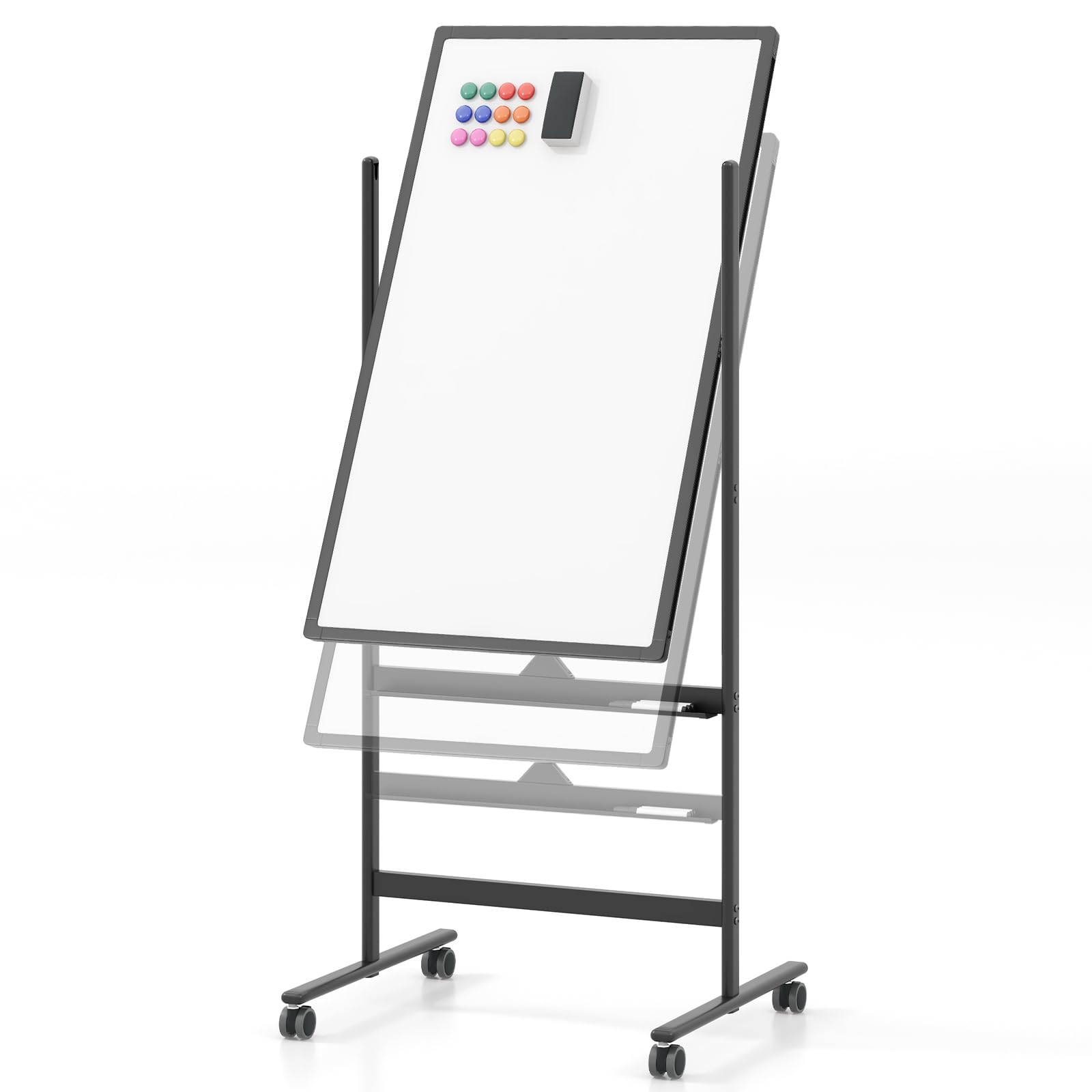Mobile Magnetic Double-Sided Reversible Whiteboard, 360° Rolling Dry Erase Board w/Markers