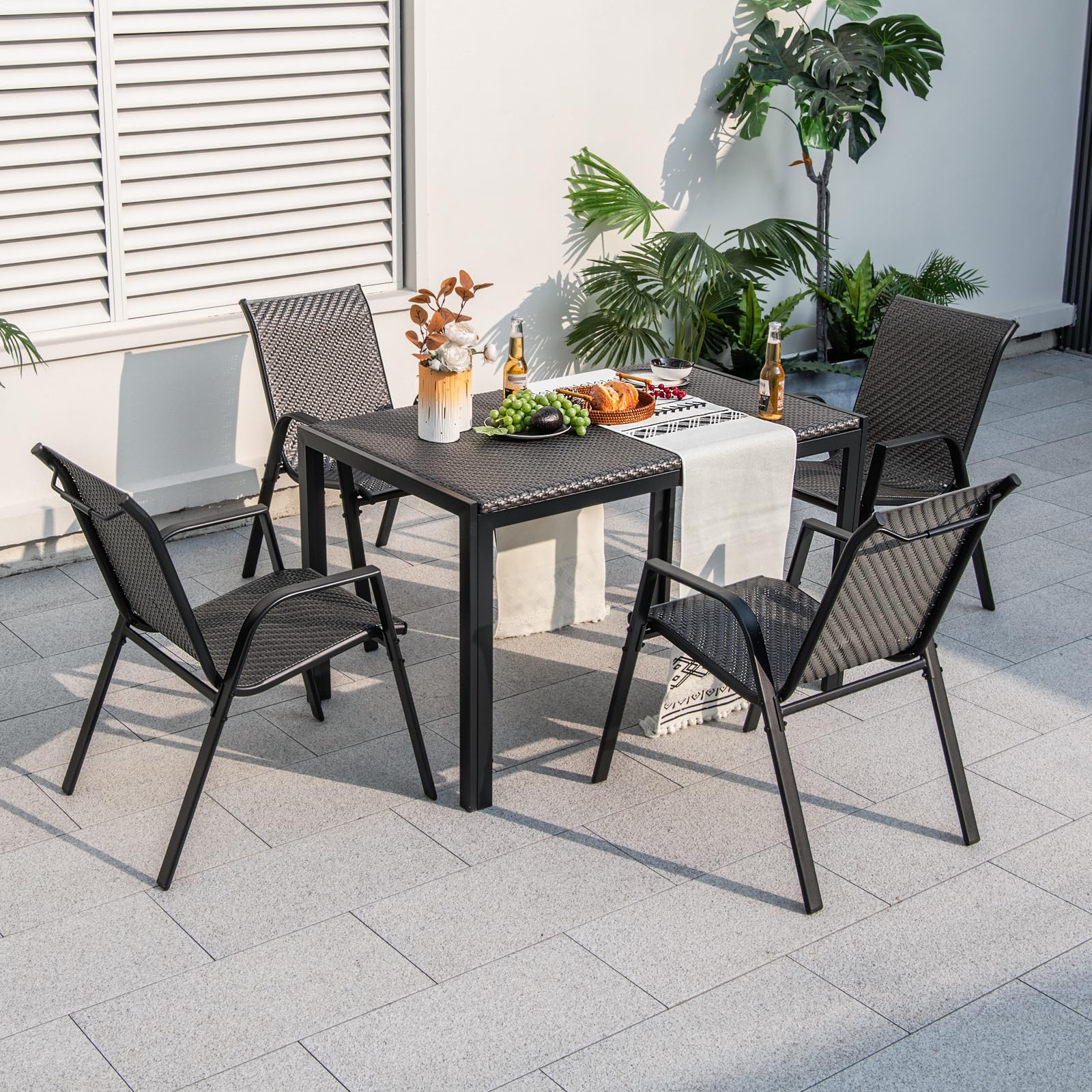 Patio Rattan Chairs Set of 4, Stackable Dining Chair Set with Wicker Woven Backrest & Seat