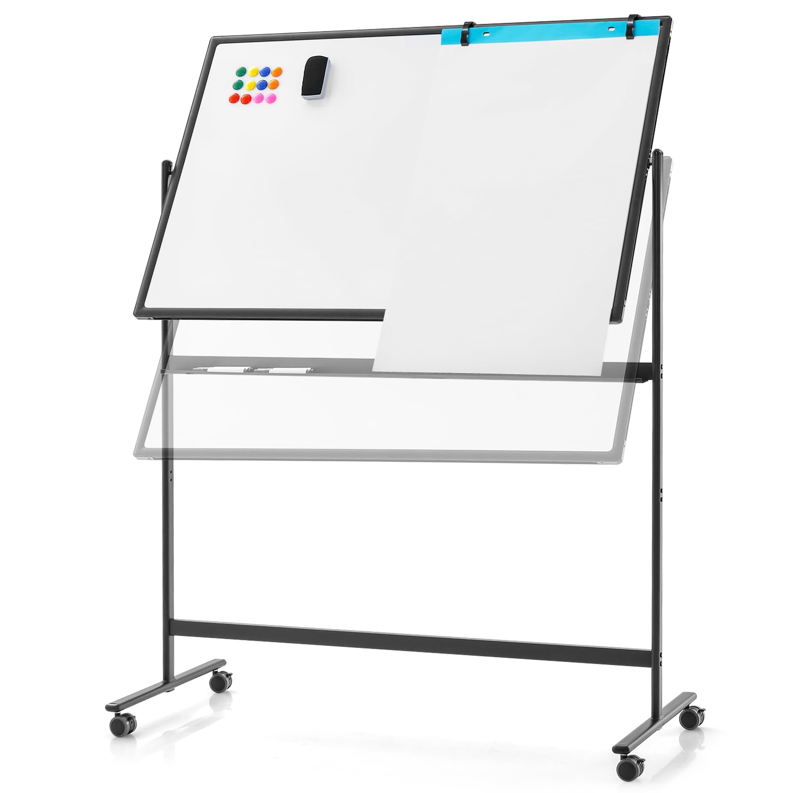 Mobile Magnetic Double-Sided Reversible Whiteboard, 360° Rolling Dry Erase Board w/Markers