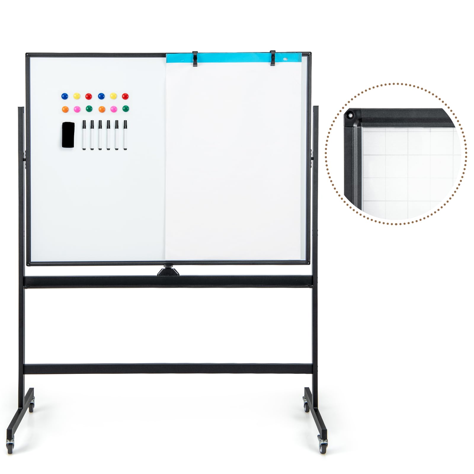 Mobile Magnetic Double-Sided Reversible Whiteboard, 360° Rolling Dry Erase Board w/Markers