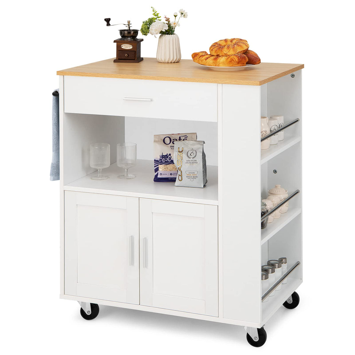 Giantex Kitchen Island Trolley, Rolling Kitchen Serving Trolley w/ 3 Spice Racks, Drawer, Open Shelf & Large Cabinet
