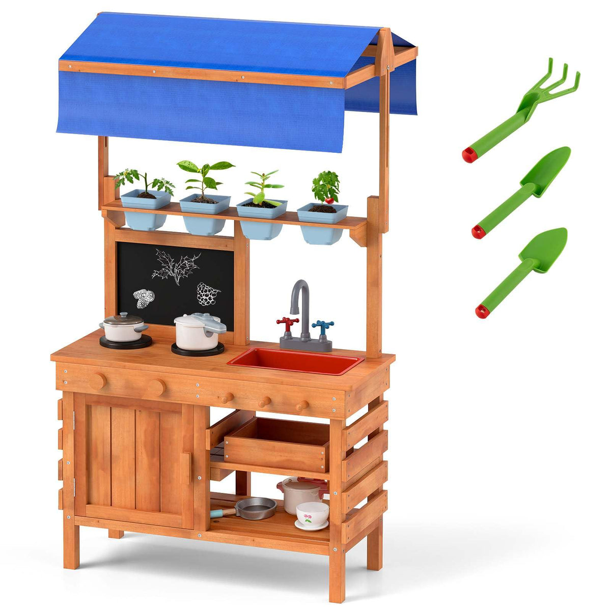 Mud Kitchen, Wooden Pretend Play Kitchen with Height Adjustable Canopy, Blackboard, Planting Cups, Stoves, Sink