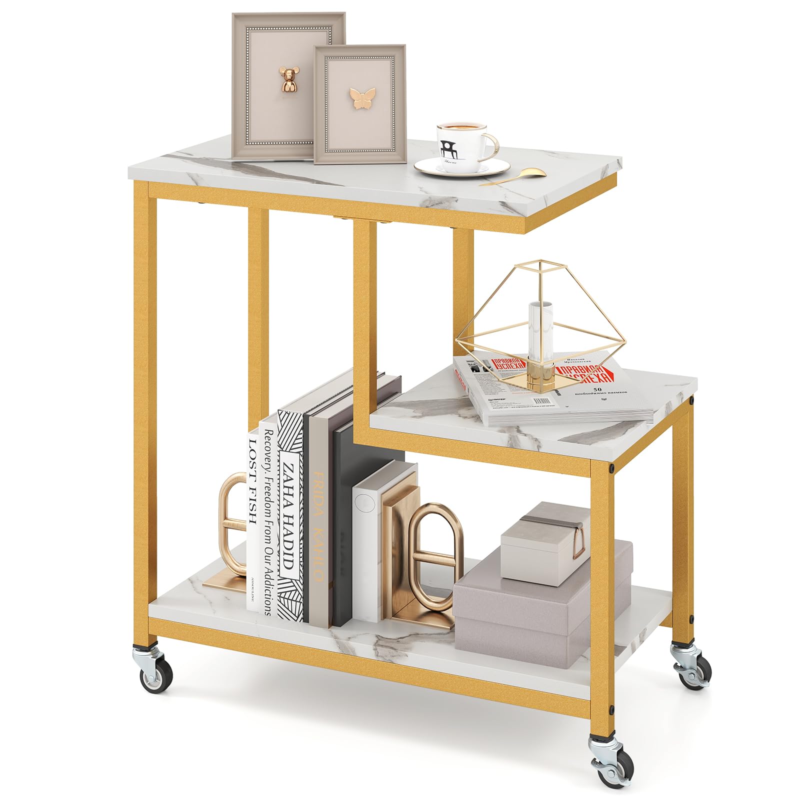 G-Shaped Side Table, 3-Tier Mobile End Table with Open Shelves