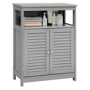Bathroom Floor Cabinet, Wooden Storage Cabinet with Double Shutter Door & Adjustable Shelf