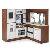 HONEY JOY Wooden Corner Play Kitchen, Toddler Kitchen Playset w/Lights & Sounds