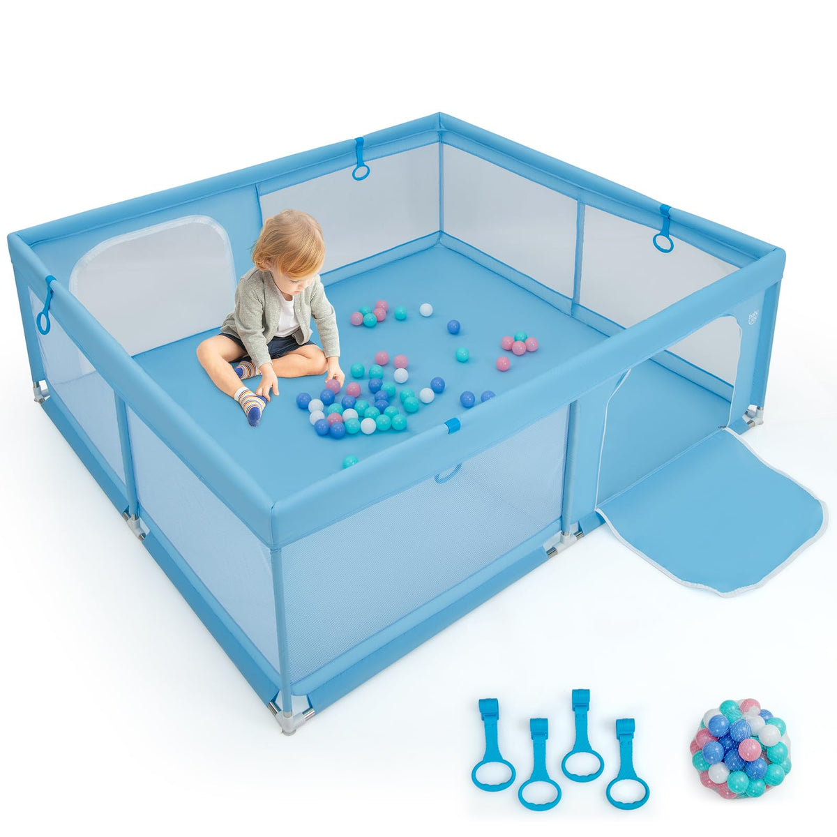 BABY JOY Baby Playpen for Toddlers, 200 x 180 x 68 cm Large Safety Play Yard with 4 Pull Rings & 50 Ocean Balls