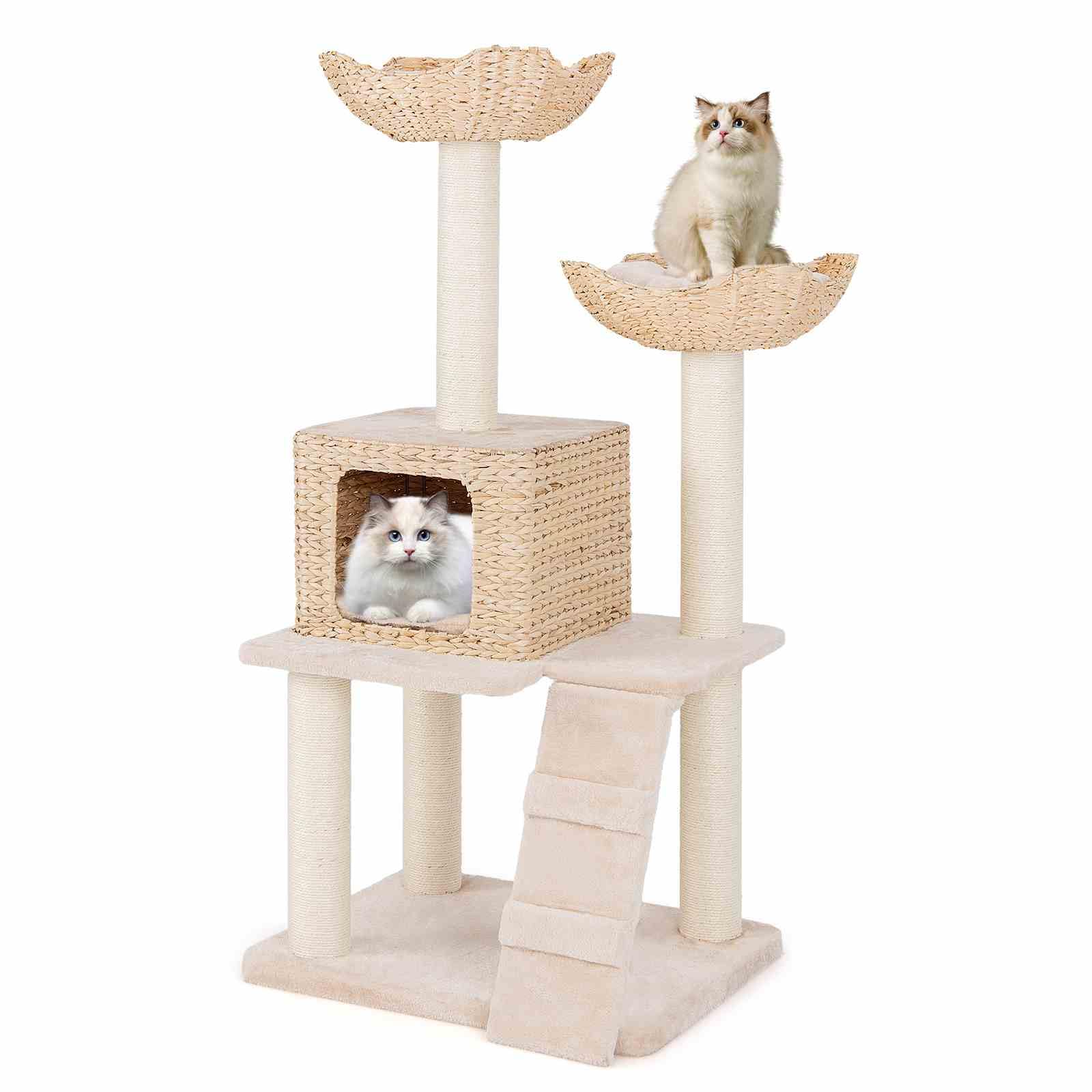 122cm Cattail Cat Tower w/Sisal Scratching Posts, Condo, Basket Bed