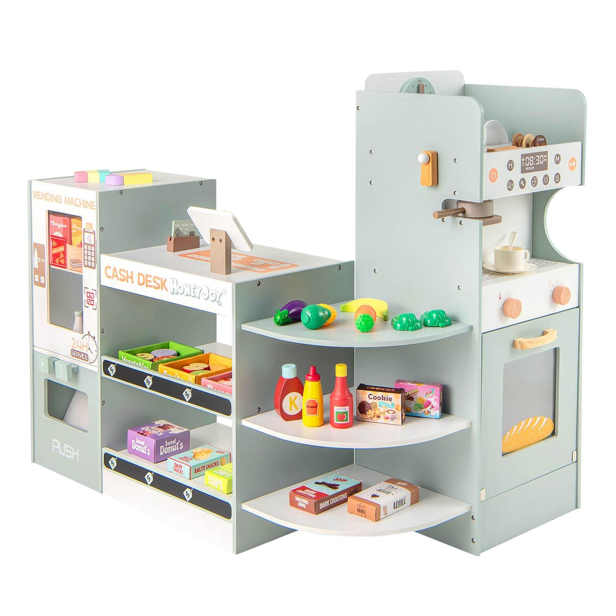 Kids Grocery Store Playset, Wooden Pretend Play Supermarket w/Vending Machine
