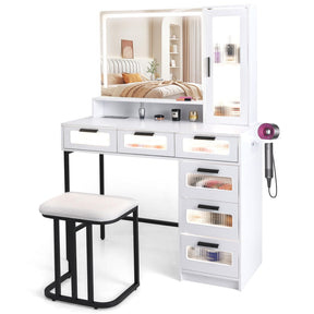 Giantex Makeup Vanity Table with Mirror and Lights, Dressing Table and Stool Set with Charging Station