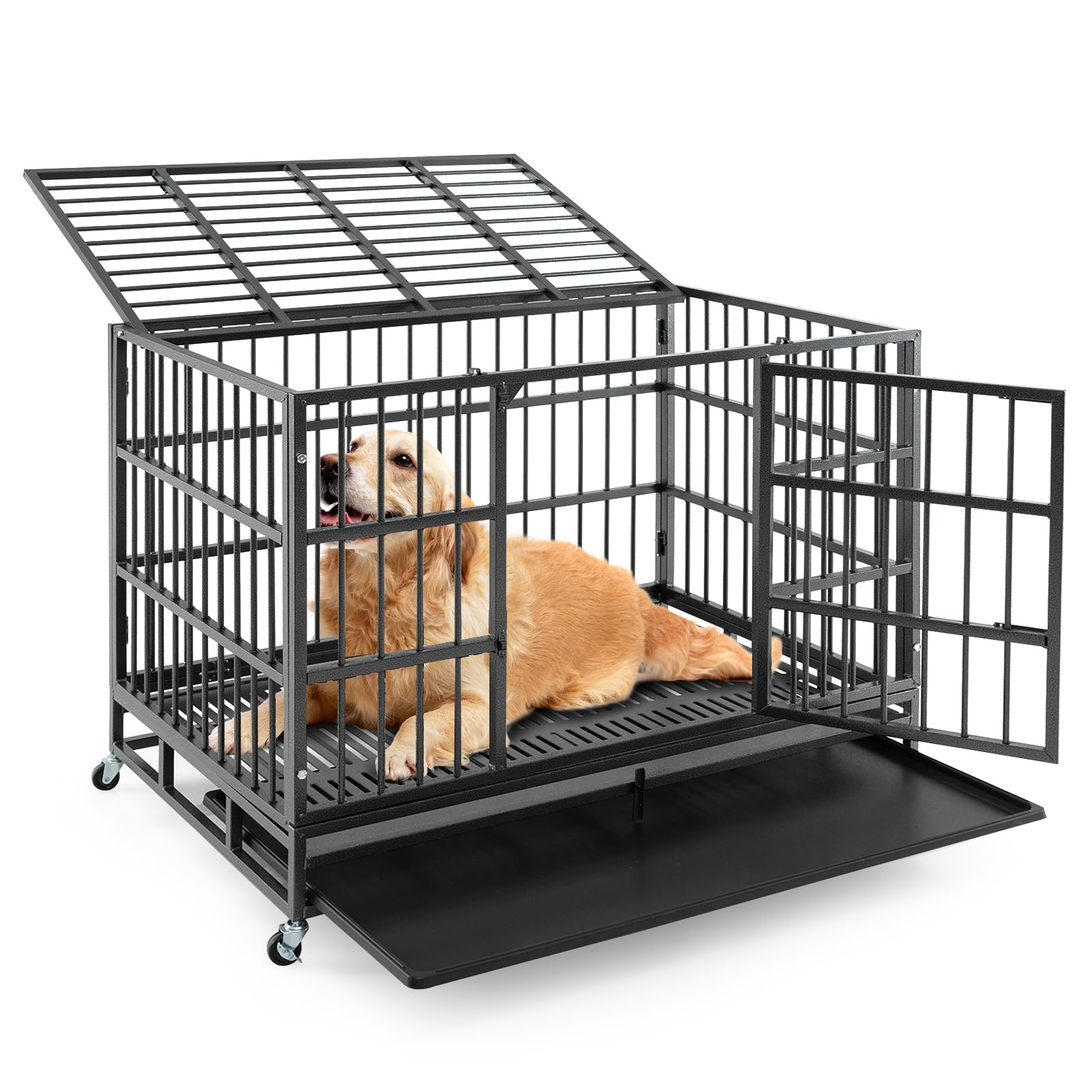 96CM/120CM Foldable Heavy-Duty Metal Dog Cage W/Lockable Rolling Casters, Removable Tray, 2 Lockable Doors