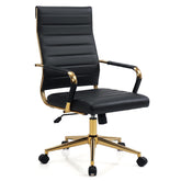 White and Gold Office Chair, Ribbed PU Leather Computer Desk Chair with Armrests & Reclining Backrest