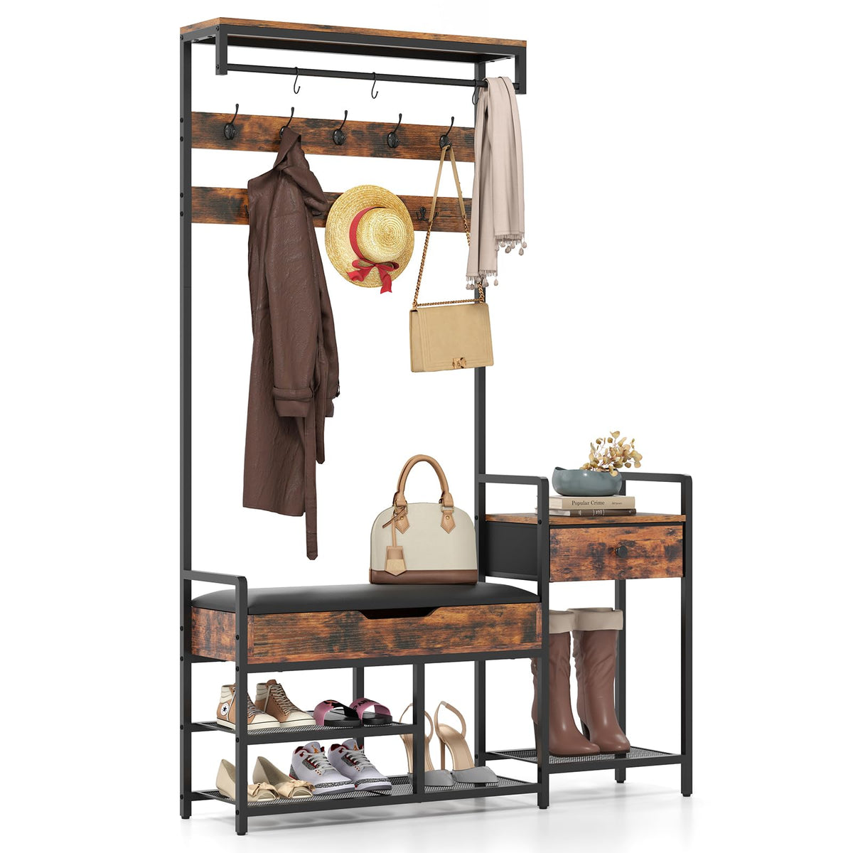 Giantex Hall Tree with Shoe Storage Bench, 178 cm Freestanding Coat Rack
