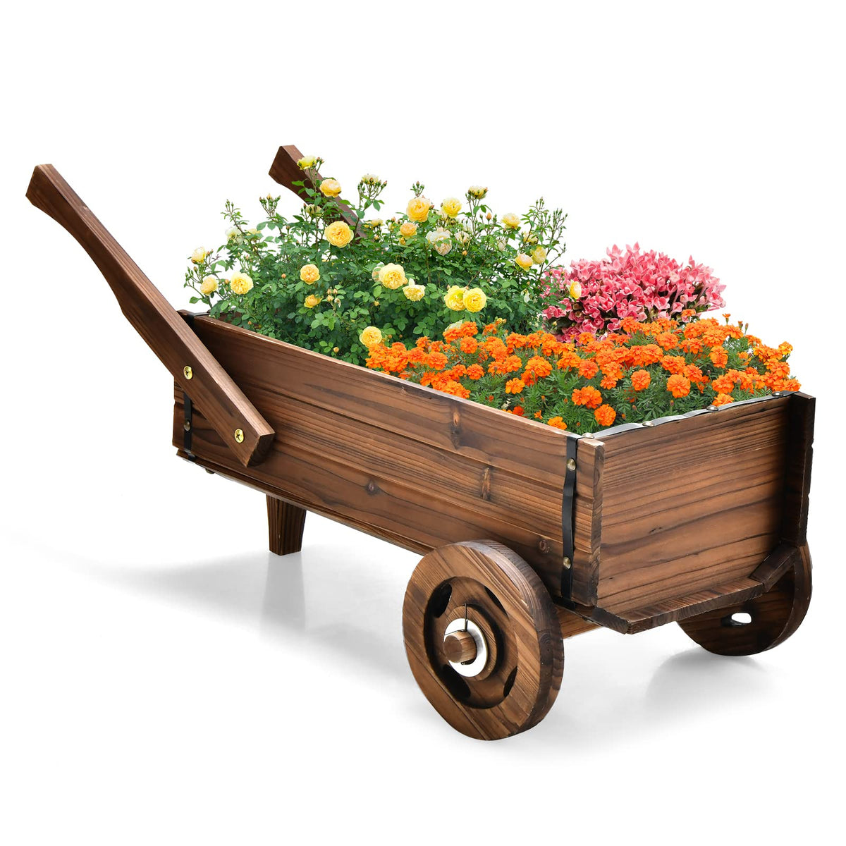 Giantex Wooden Wagon Planter Box, Decorative Wagon Cart with Wheels, Handles, Drainage Hole