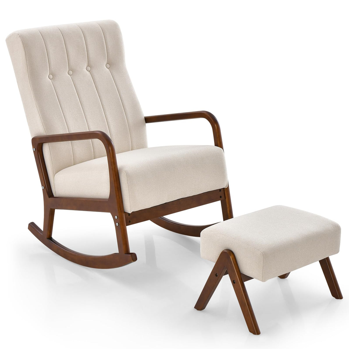 Giantex Rocking Chair with Ottoman, Upholstered Fabric Rocker with Solid Rubber Wood Frame & Padded Cushion