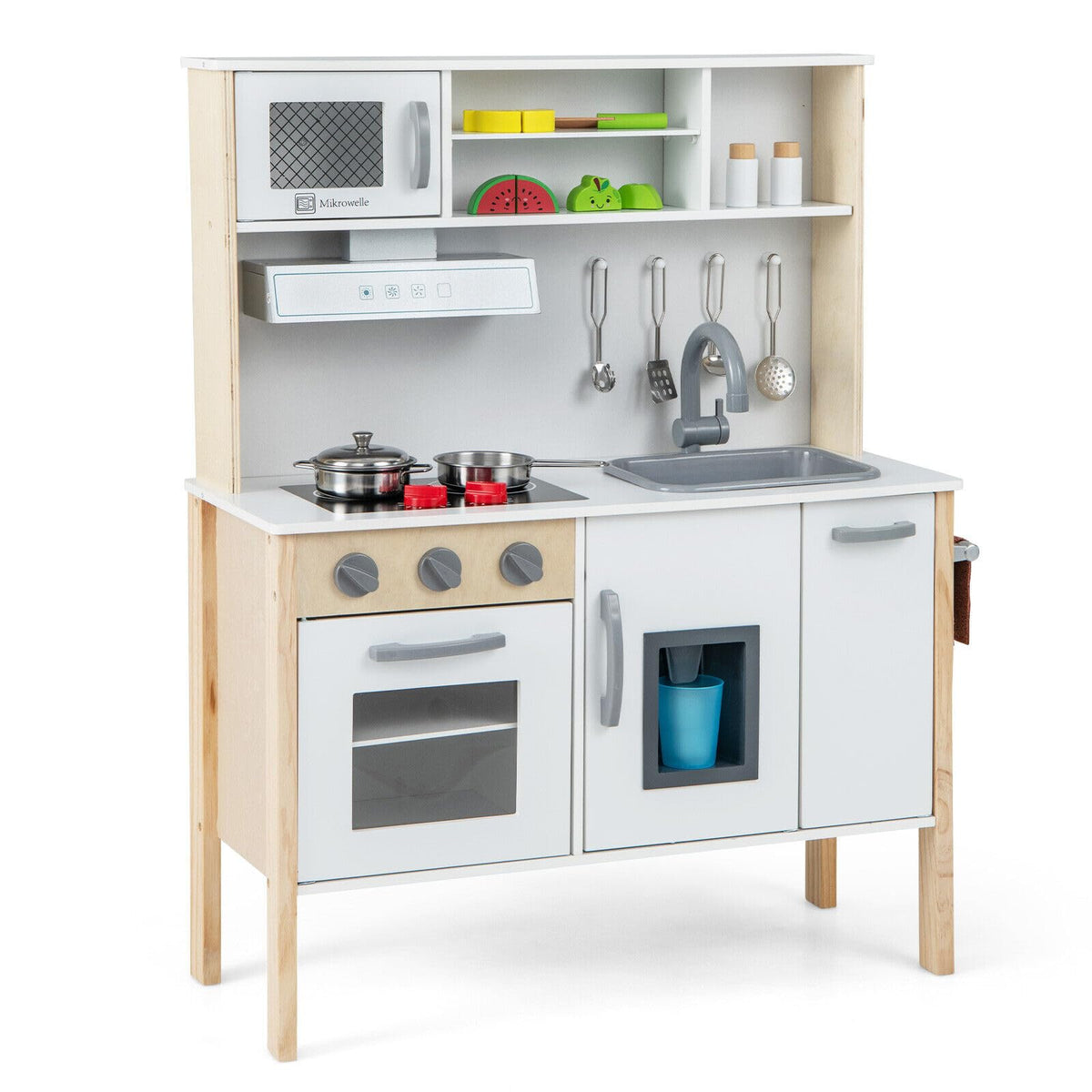 Kids Kitchen Playset, Wooden Pretend Play Kitchen w/Microwave, Range Hood