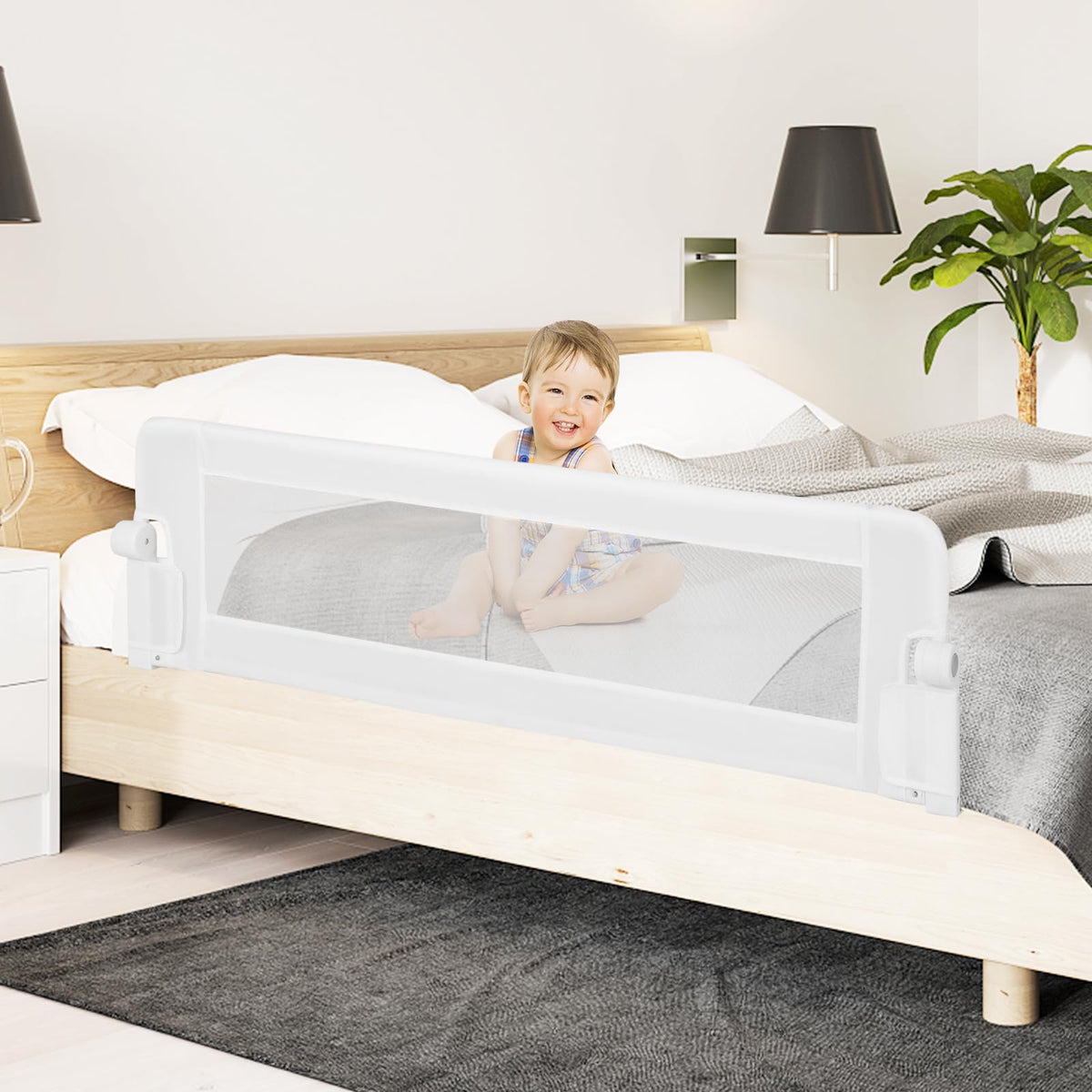BABY JOY 152 x 42 cm Swing Down Baby Bed Guard Rail w/Adjustable Safety Strap