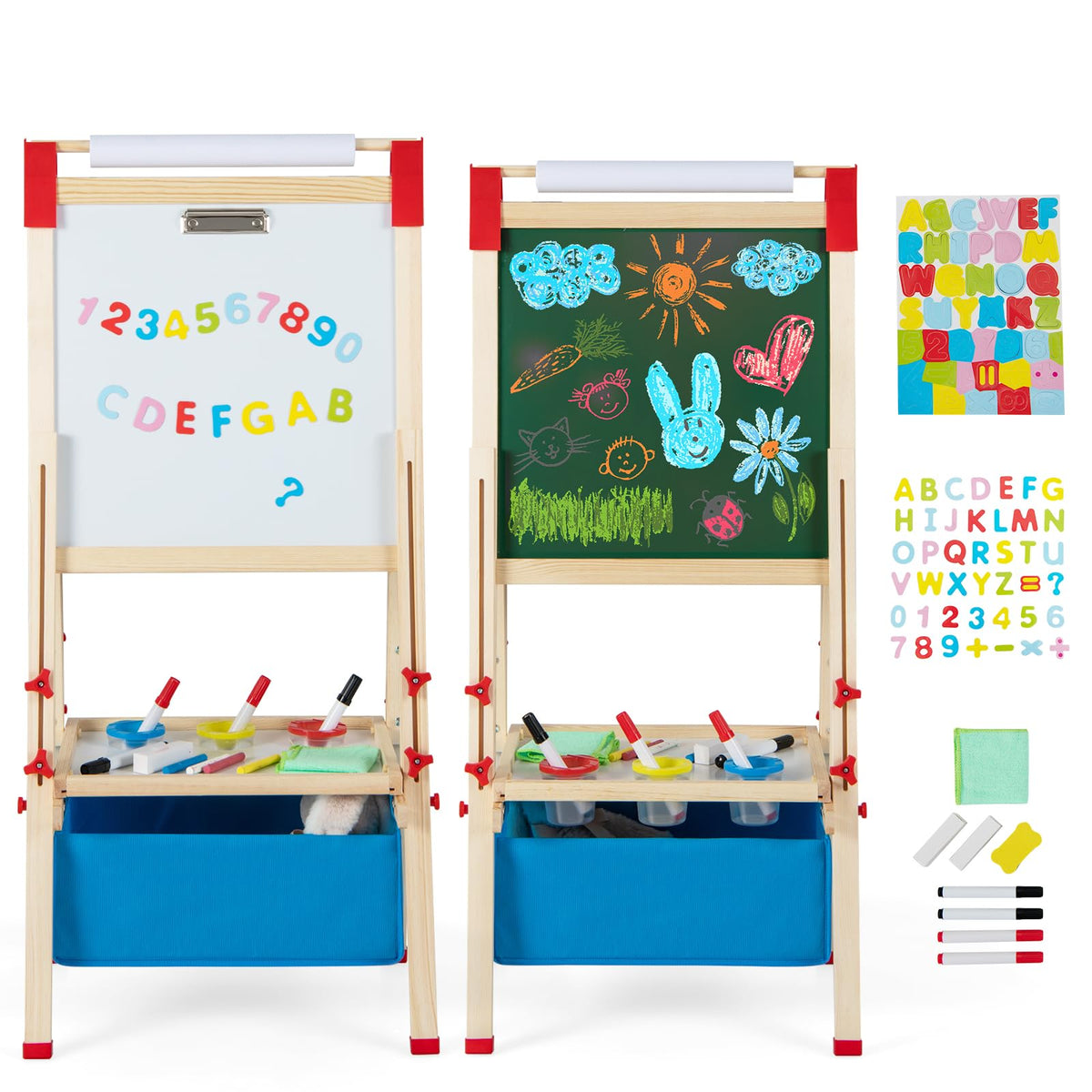 BABY JOY Kids Art Easel, Adjustable Height Double Sided Easel w/Chalkboard & Whiteboard