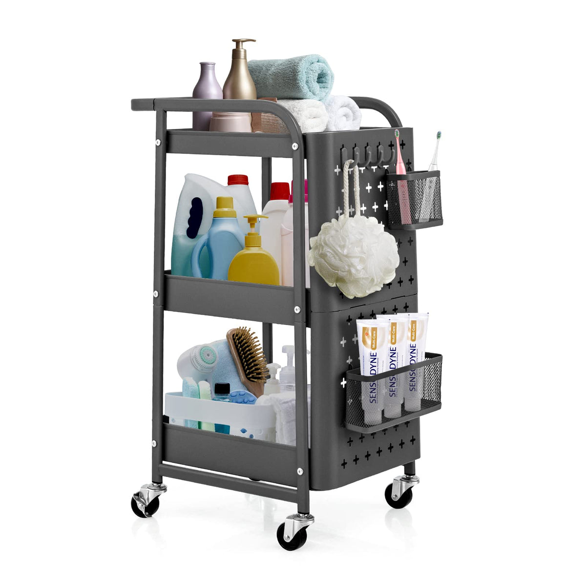 3-Tier Rolling Cart, Storage Trolley Organizer w/DIY Dual Pegboards, 2 Baskets, 4 Removable Hooks