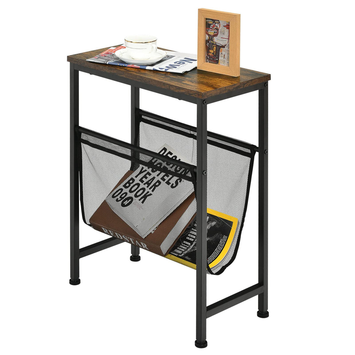 Giantex Industrial End Table, 2-Tier Narrow Small Side Accent Table with Mesh Magazine Holder Sling