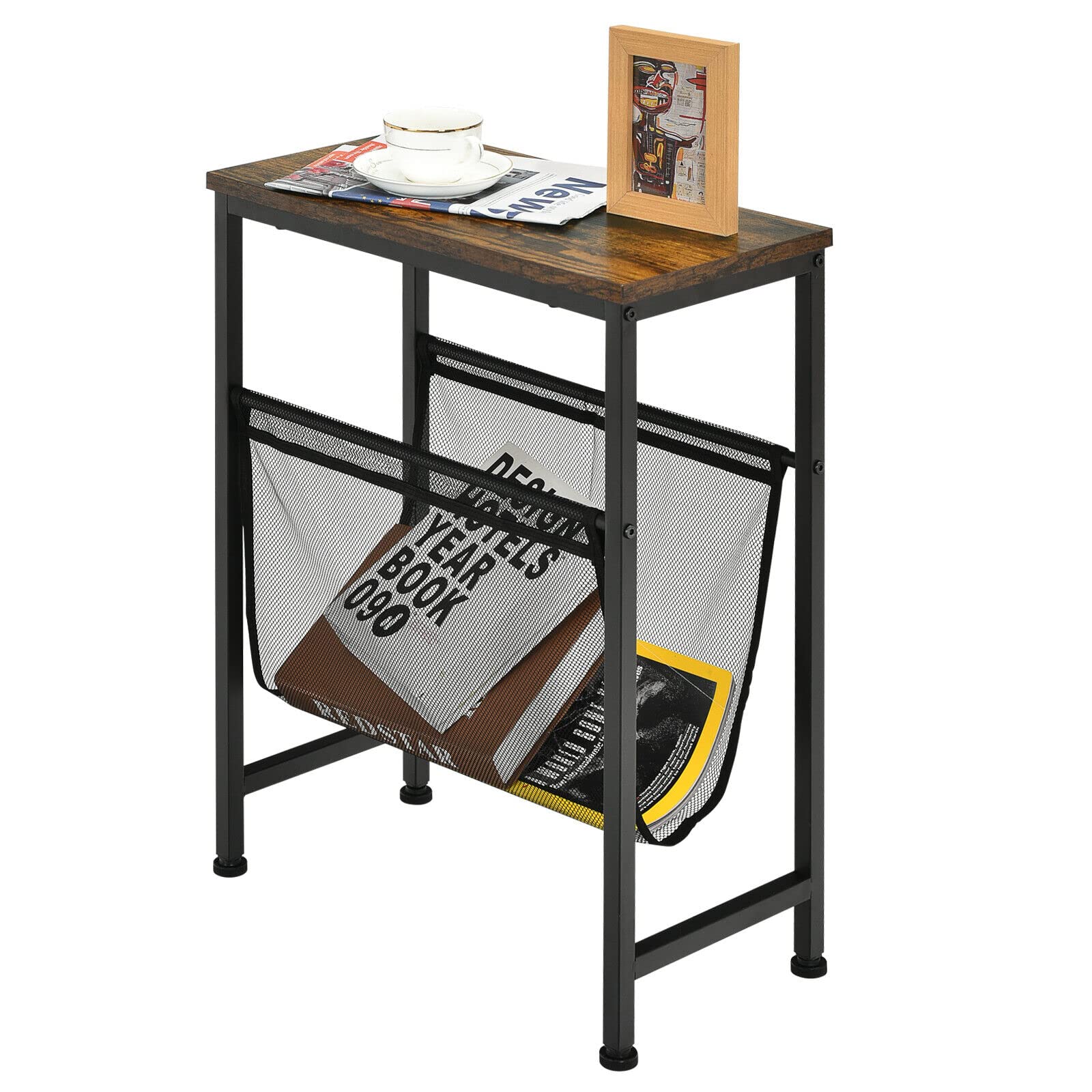 Giantex Industrial End Table, 2-Tier Narrow Small Side Accent Table with Mesh Magazine Holder Sling