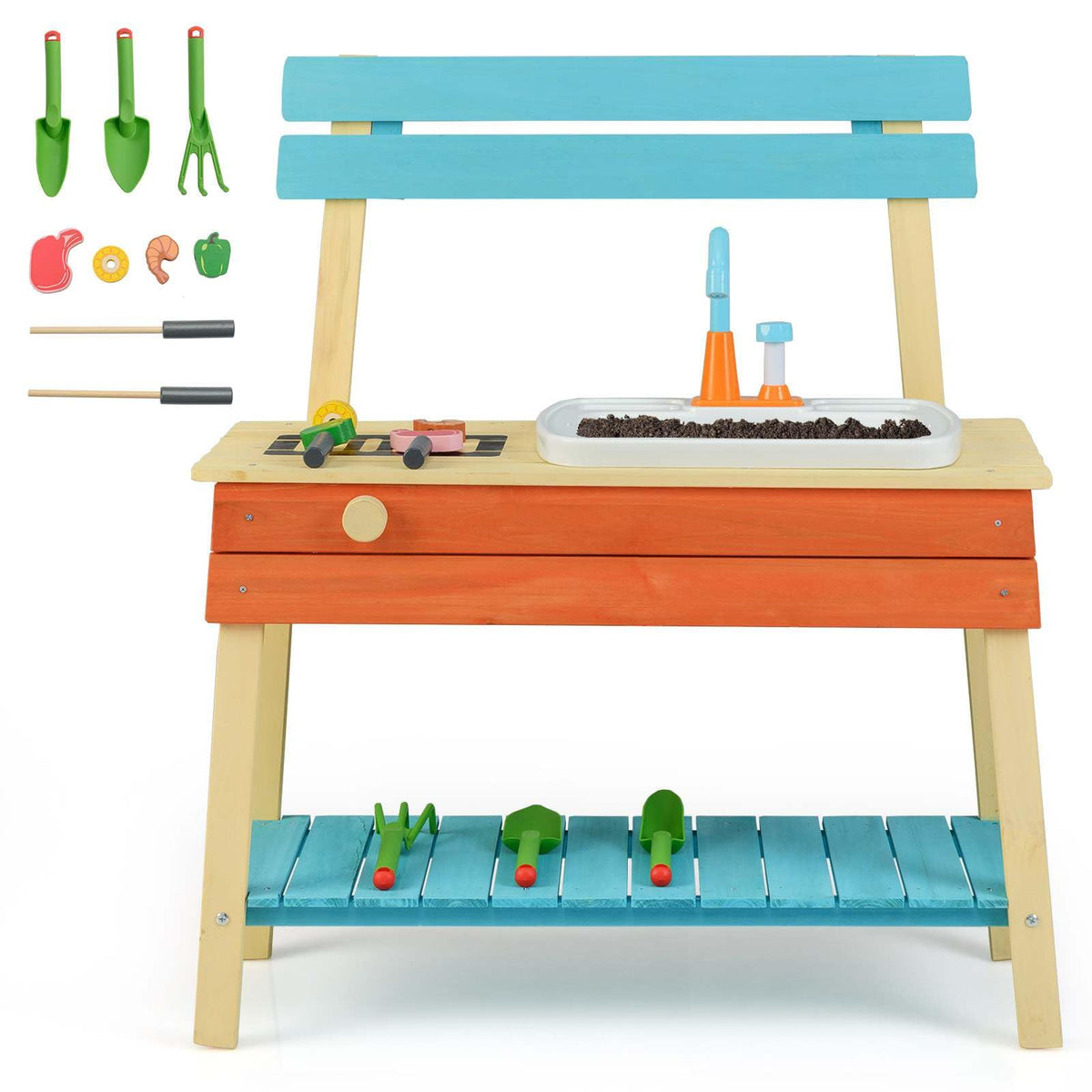 Wooden Kids Play Kitchen Set with Removable Sink and Grill Rack Mud Kitchen