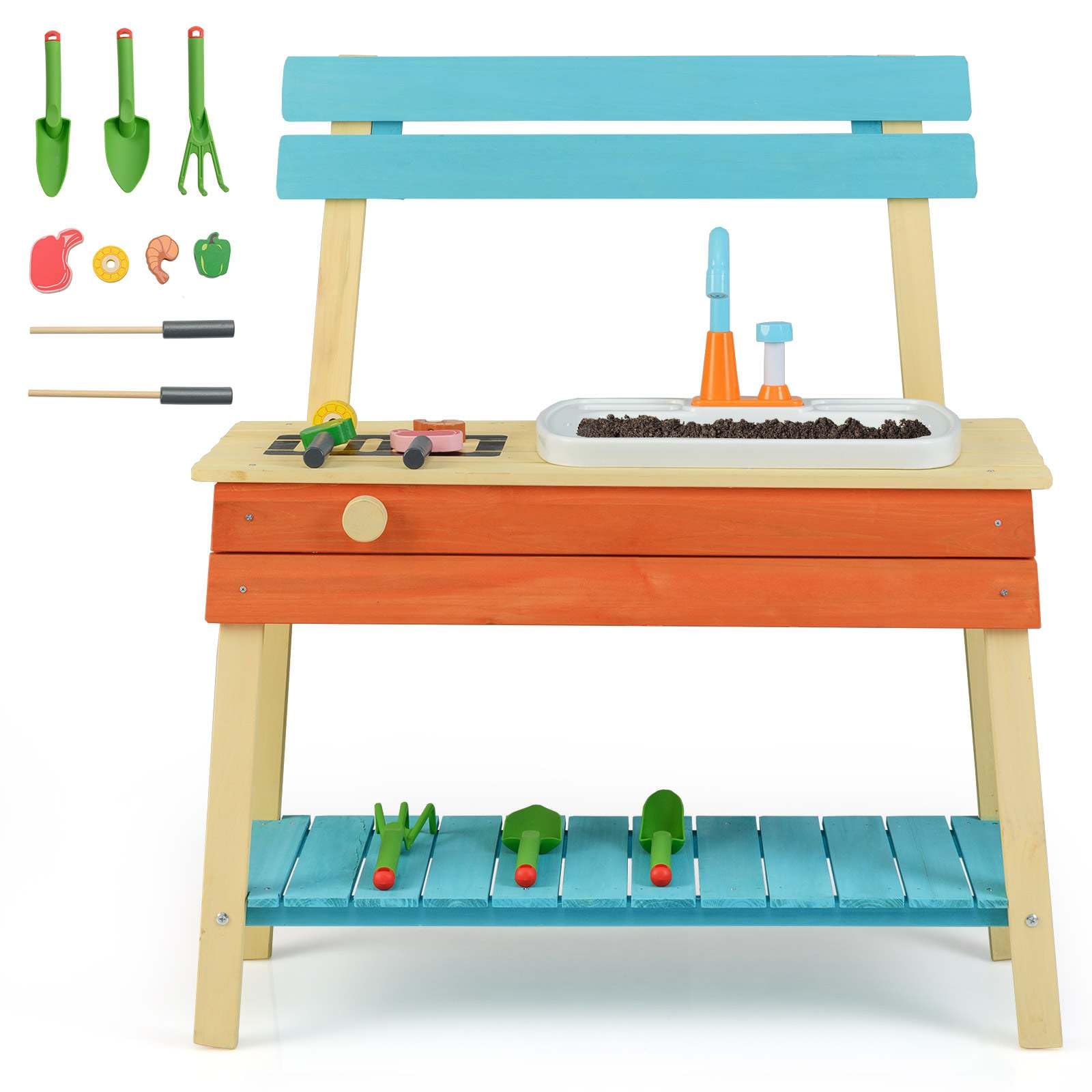 Wooden Kids Play Kitchen Set with Removable Sink and Grill Rack Mud Kitchen