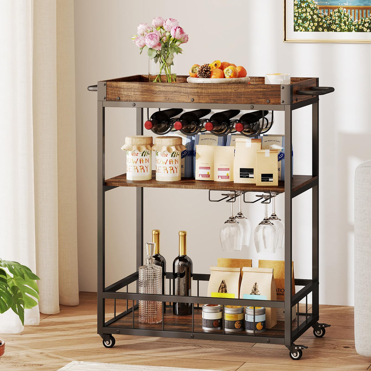 Rolling Bar Cart, Kitchen Serving Cart w/Removable Tray, Wine Rack and Glass Holder