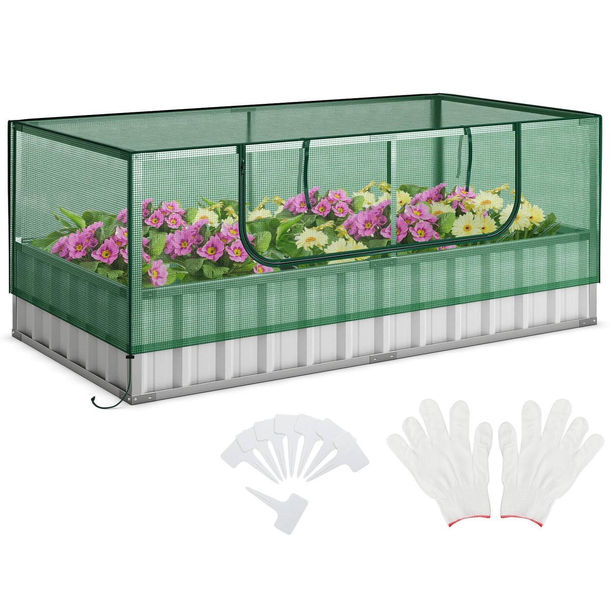 Galvanized Raised Garden Bed w/Mini Greenhouse Cover, Raised Metal Flower Bed w/Large Roll-up Window