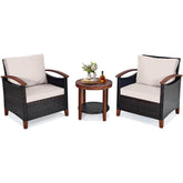 3 Piece Patio Sofa Set, 2 Rattan Chairs w/ 2-Tier Coffee Table