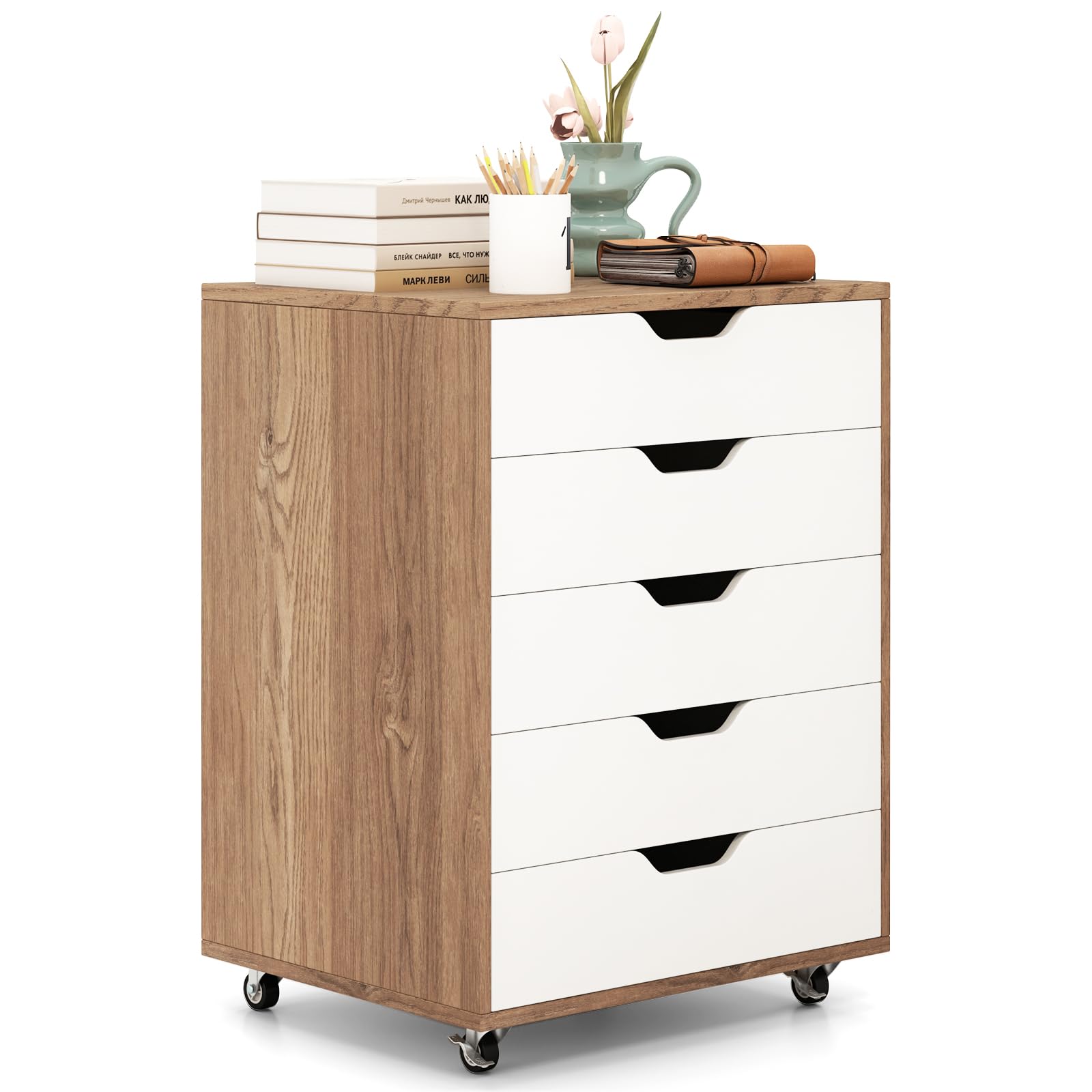 5-Drawer Chest of Drawers, Wooden Dresser Chest, Mobile Lateral Filing Cabinet with Wheels